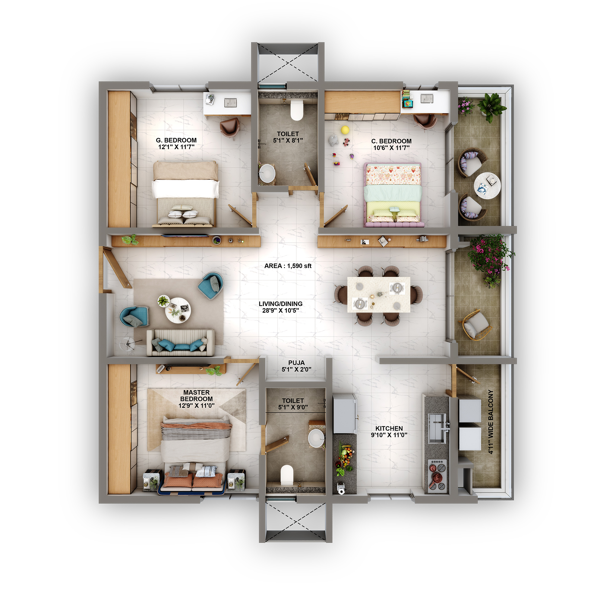2.5 BHK Size - 1590 S.FT.
