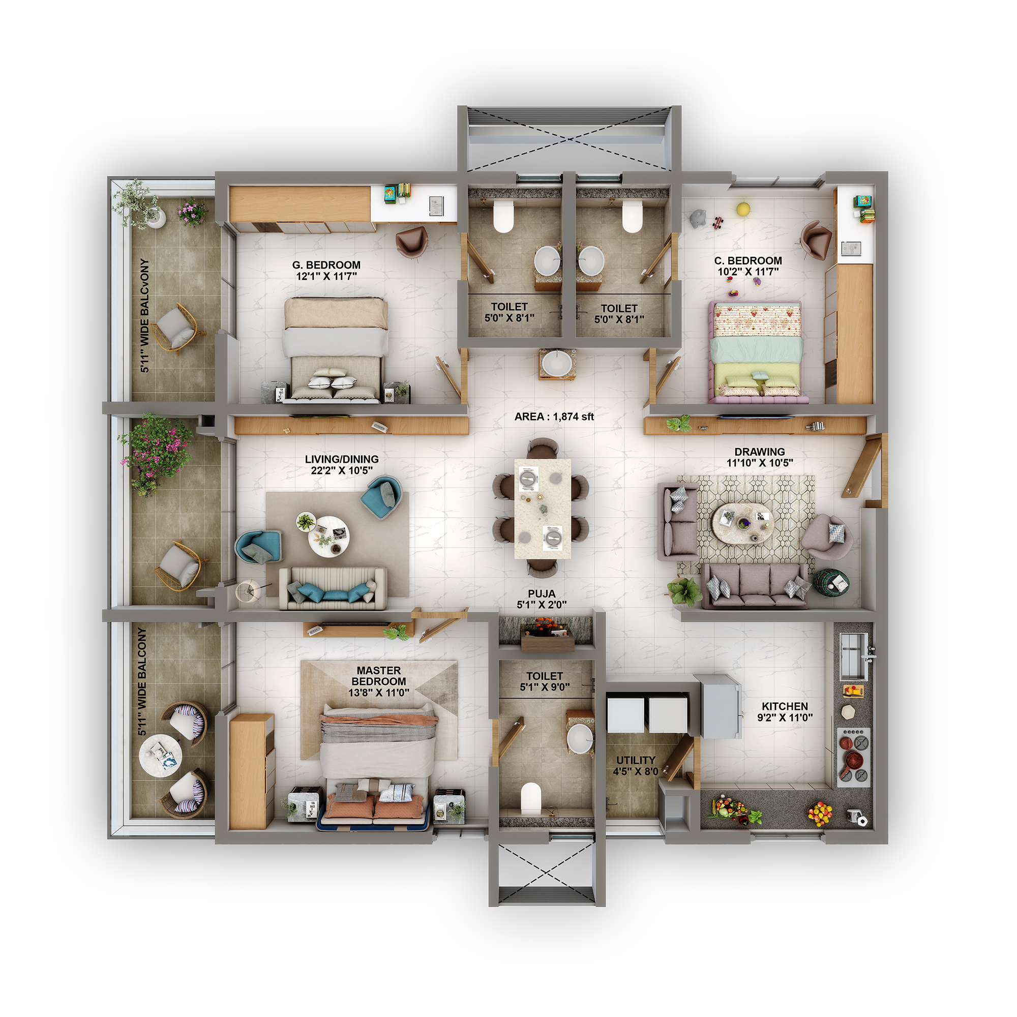 3 BHK Size- 1874 S.FT.