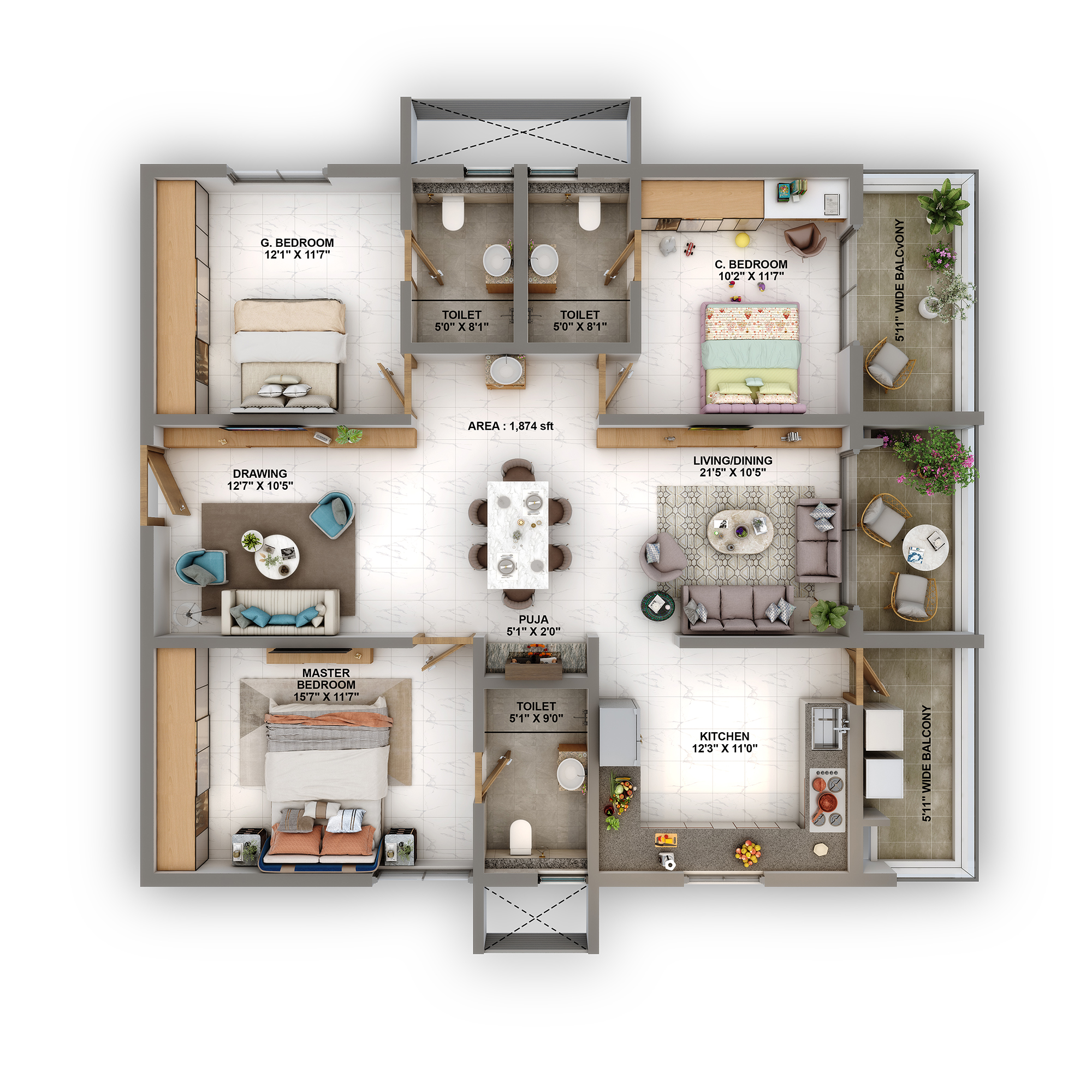 3 BHK Size- 1874 S.FT.